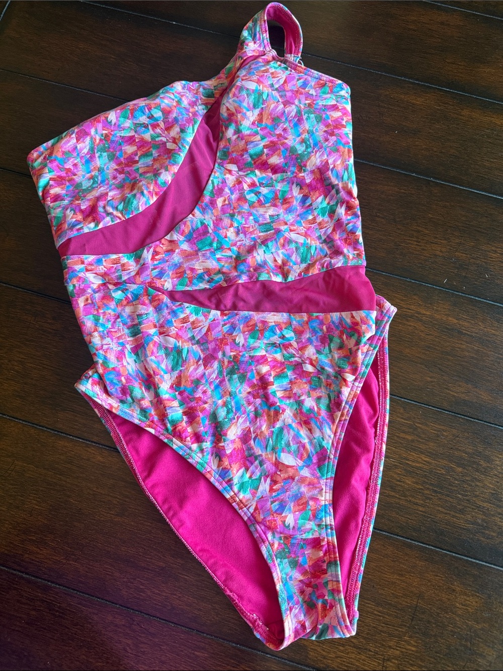 Girls Pink Multicolor One-Piece Swim Suit with Contrast Panels